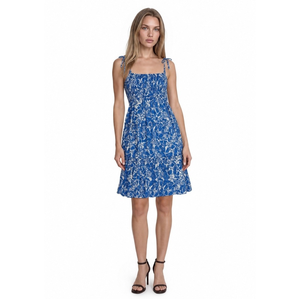 NEW Sugarlips Dress Women's Size XS Blue White Floral Smocked 100% Cotton Picnic